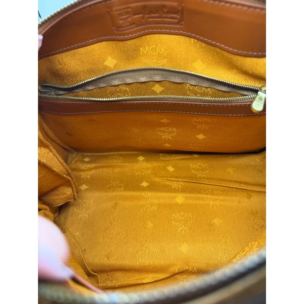 MCM Visetos Boston Bag Cognac Monogram Coated Canvas Satchel G0814‎ 10in